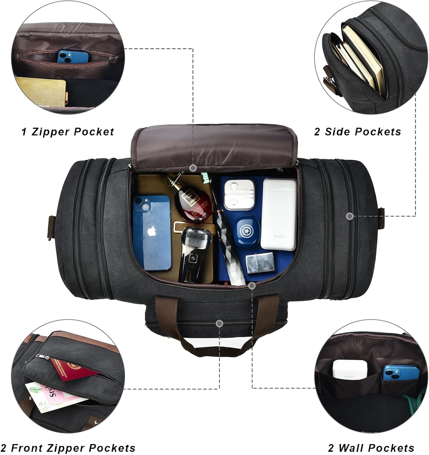 Duffle Bag for Travel, 50L Canvas Travel Duffel Bags Overnight Weekend Gym Carry On Luggage Bag for Men & Women(Black)