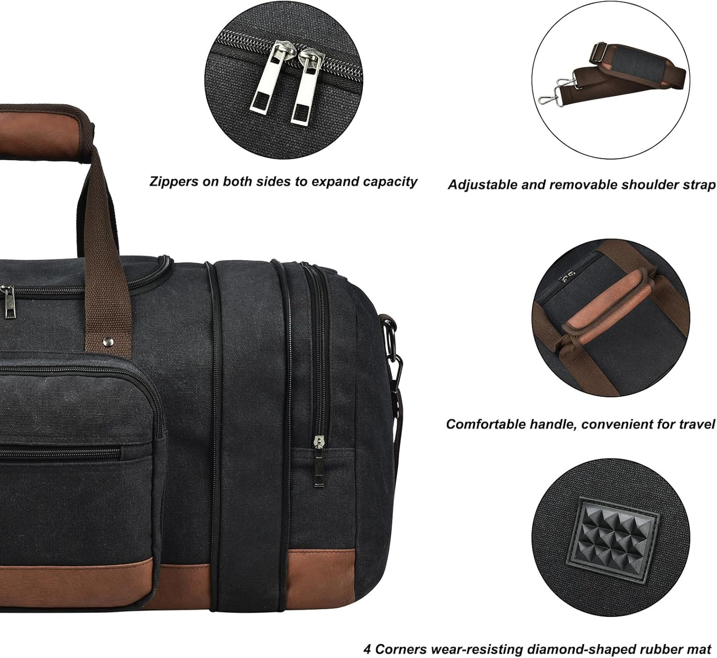 Duffle Bag for Travel, 50L Canvas Travel Duffel Bags Overnight Weekend Gym Carry On Luggage Bag for Men & Women(Black)